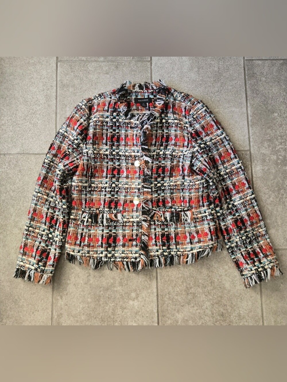 Halogen Multicolor Tweed Fringe Jacket in Red, Black & Cream